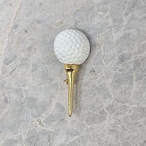 Vtg AJC golf ball tee brooch pin gold white enamel retro golfing golfer sport